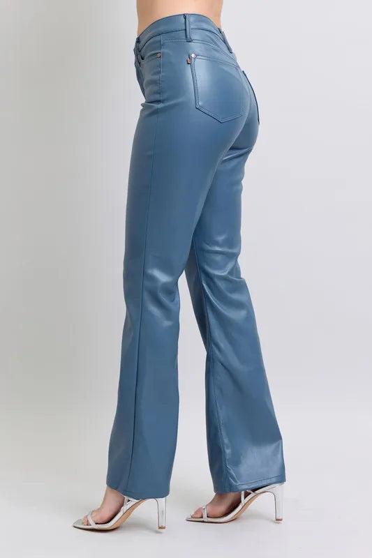 Full Size High Waist Tummy Control Faux Leather Bootcut Pants Plus Size