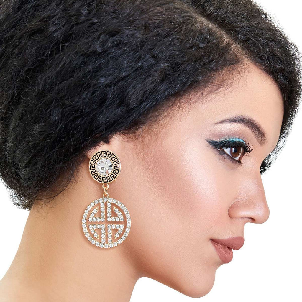 Round Gold Crystal Greek Key Earrings Stylish Statement Jewelry