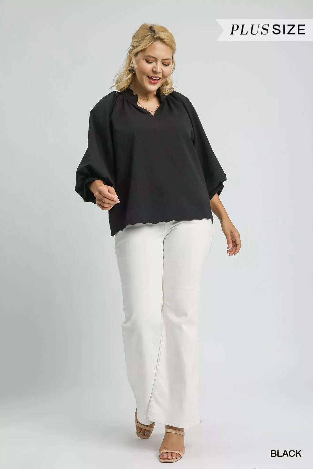 Full Size Textured Notched Balloon Sleeve Blouse Plus Size
