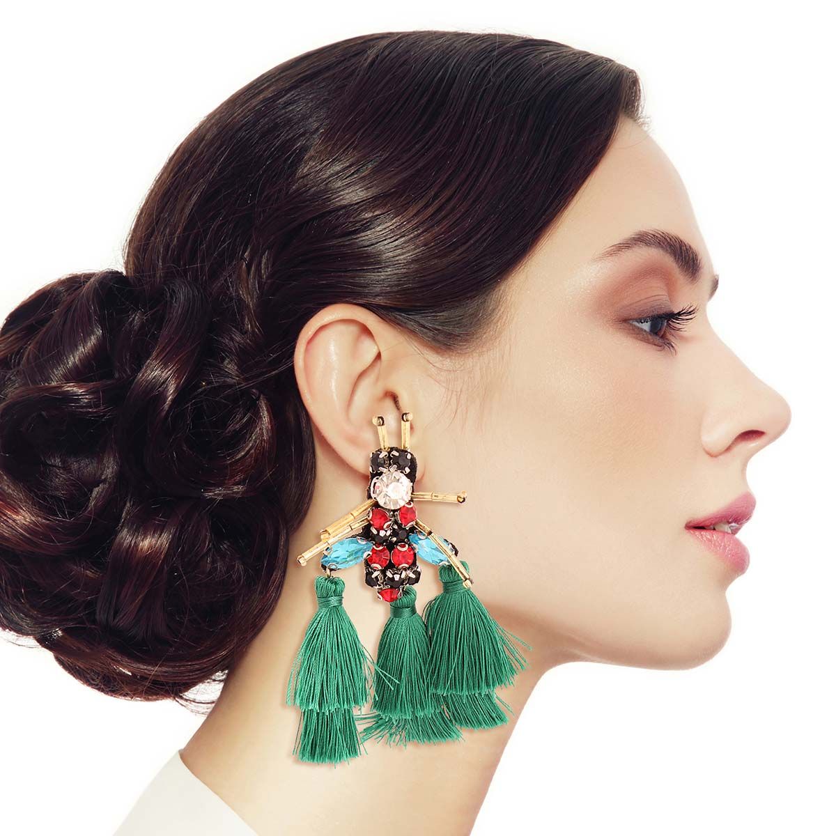 Statement Rhinestone Tassel Green Bee Earrings Stylish Fashion Jewelry