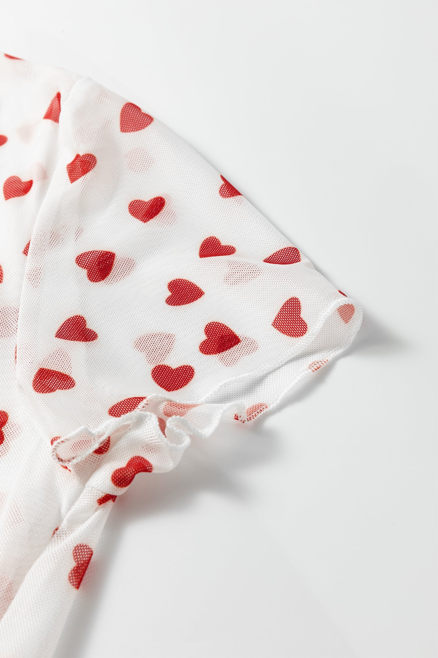 Red Allover Heart Print Mesh Short Sleeve Top