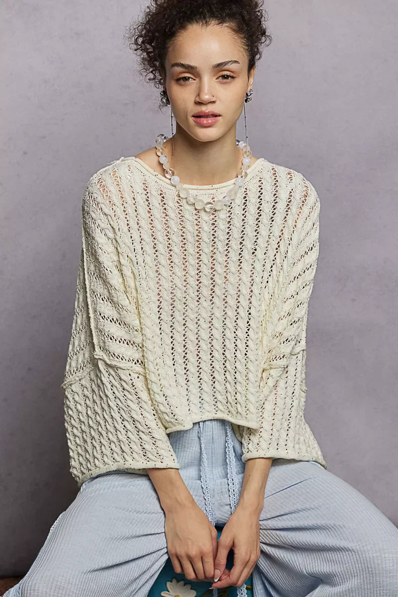 Cable-Knit Openwork Round Neck Cropped Sweater
