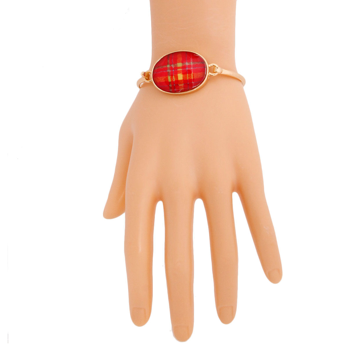 Gold Bangle Bracelet with Red Oval Plaid Pattern – Stylish Statement Jewelry