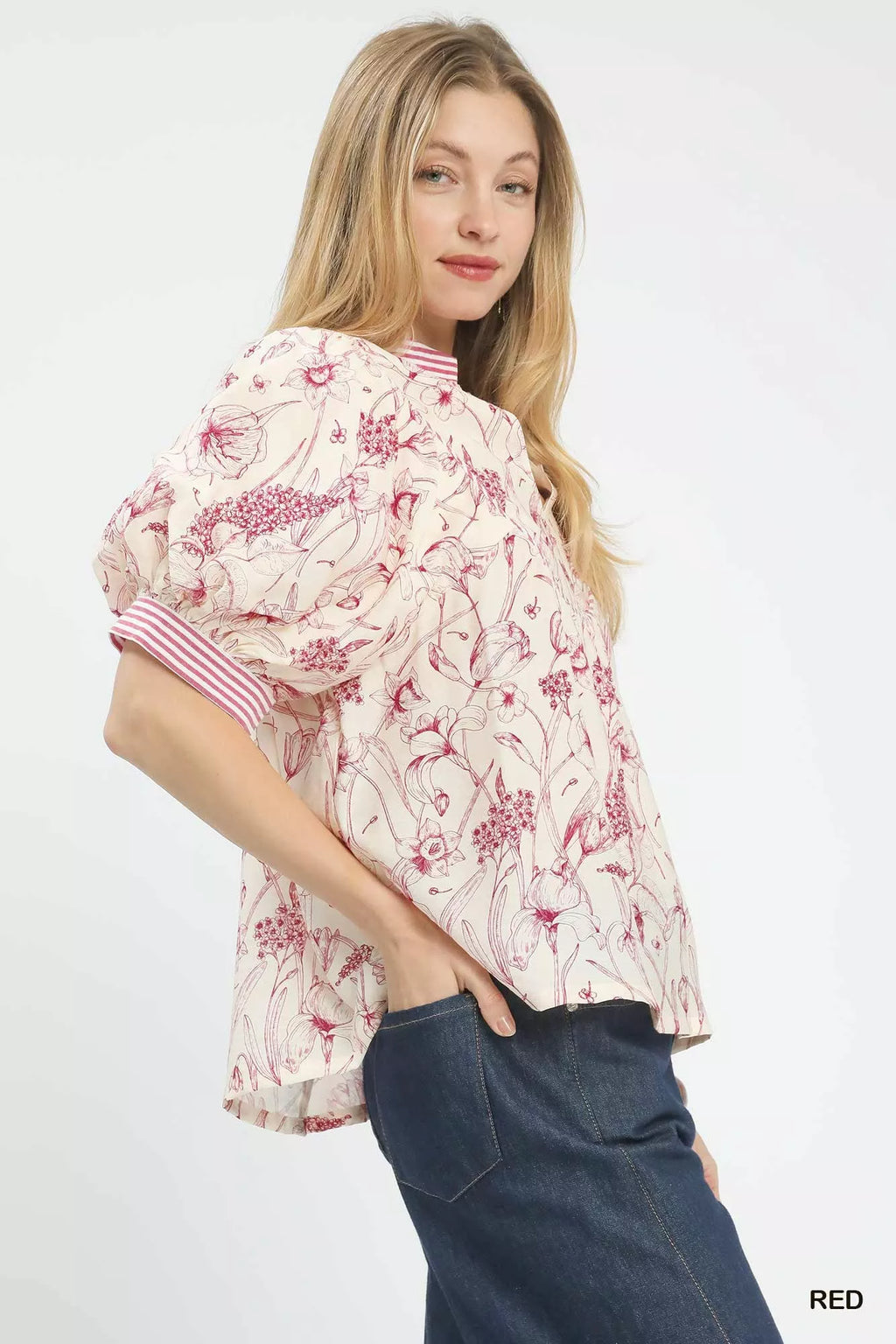 Mixed Print Puff Sleeve Split Neck Top