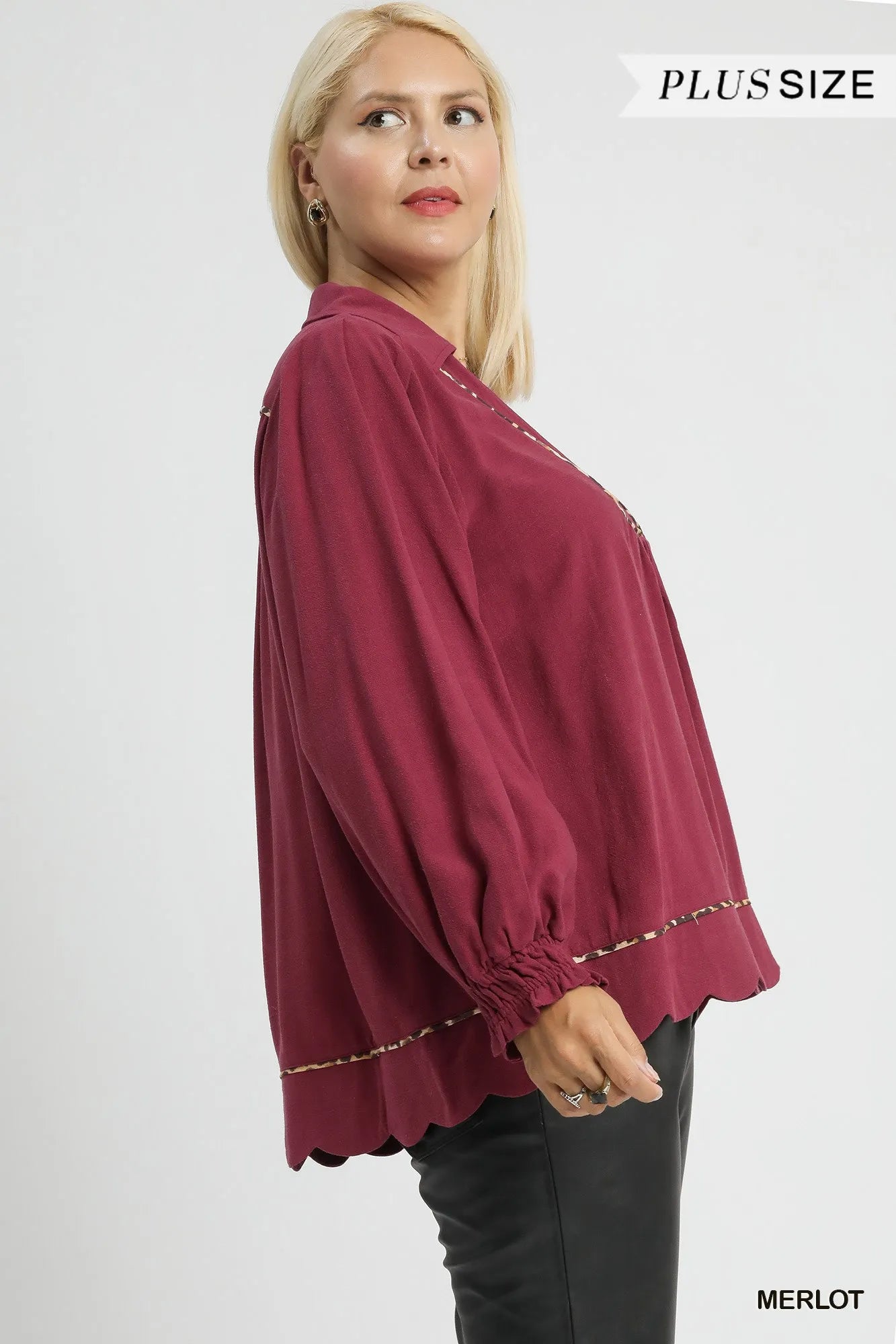 Full Size Linen Scallop Hem Blouse with Contrast Trim Plus Size