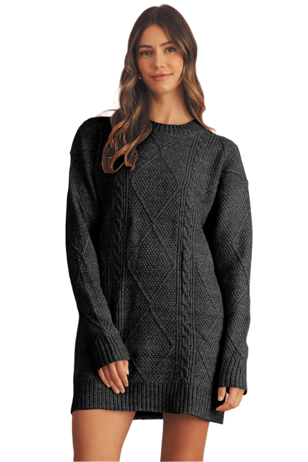 Mist Green Twist Cable Knit Drop Shoulder Loose Fit Sweater Dress