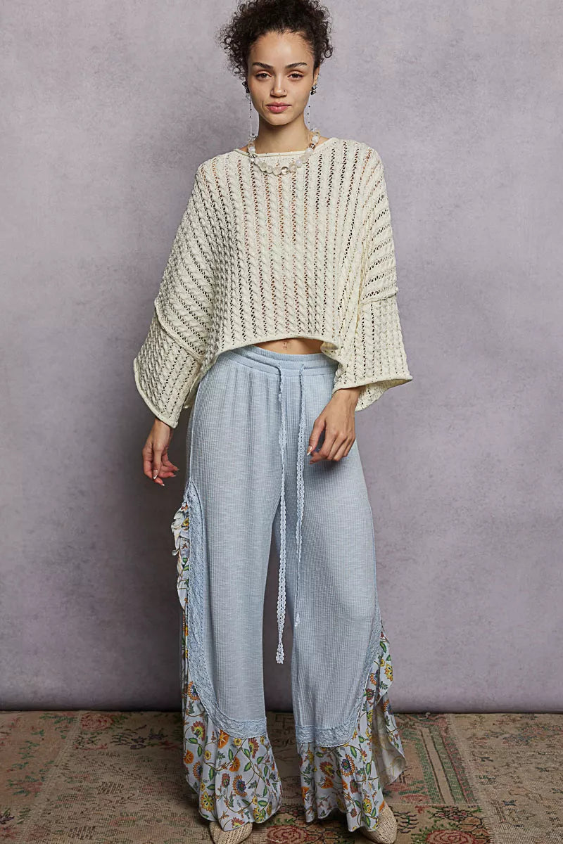 Cable-Knit Openwork Round Neck Cropped Sweater