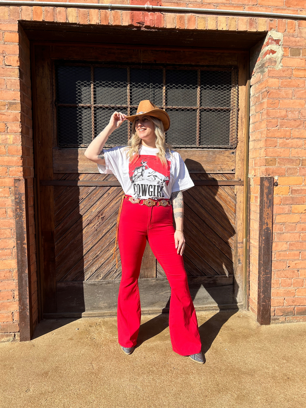 Fiona High Waisted Bell Bottom Flare Jeans - Red