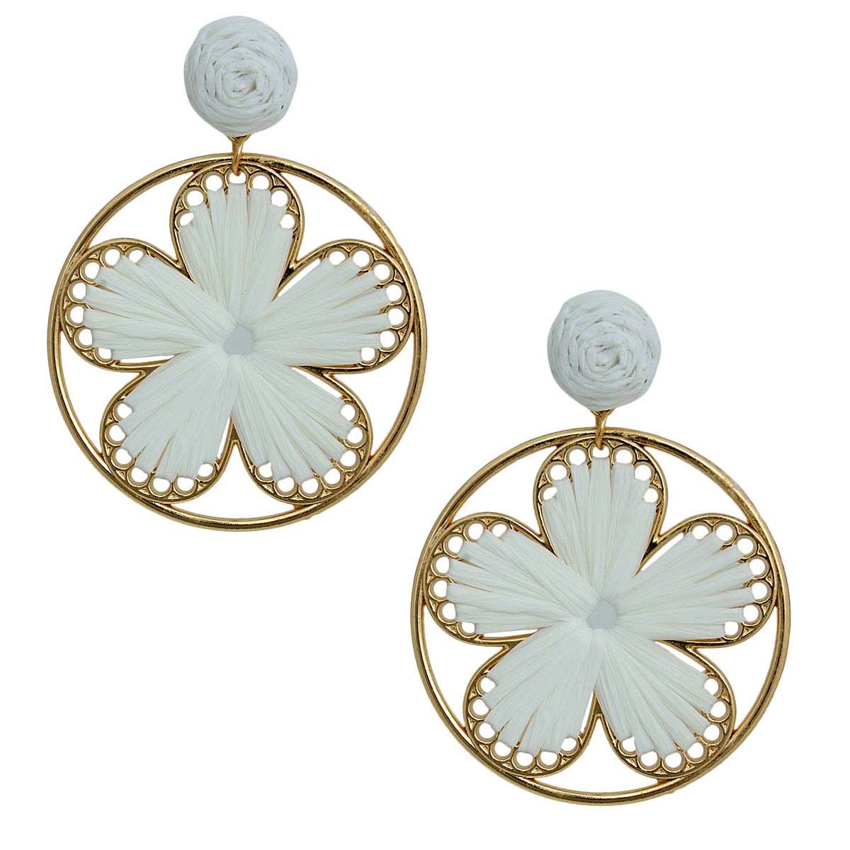 Statement Raffia Flower Round Earrings White Stylish Chic Jewelry