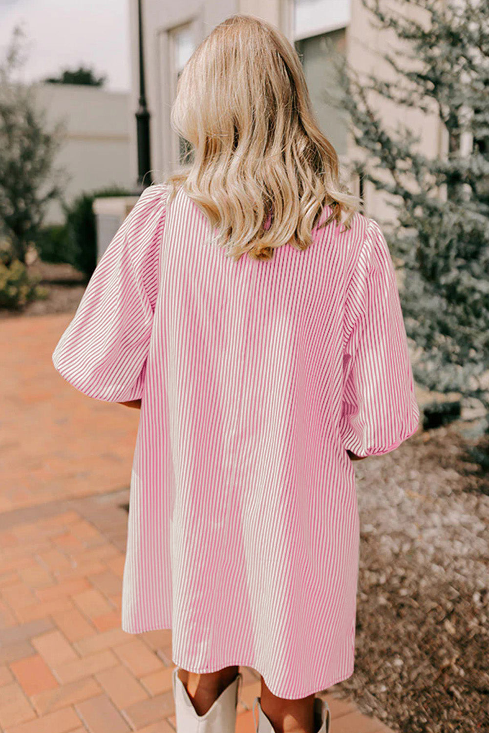 Rose Stripe Color Block Patchwork Shirt Collar Button Down Puff Sleeve Mini Dress