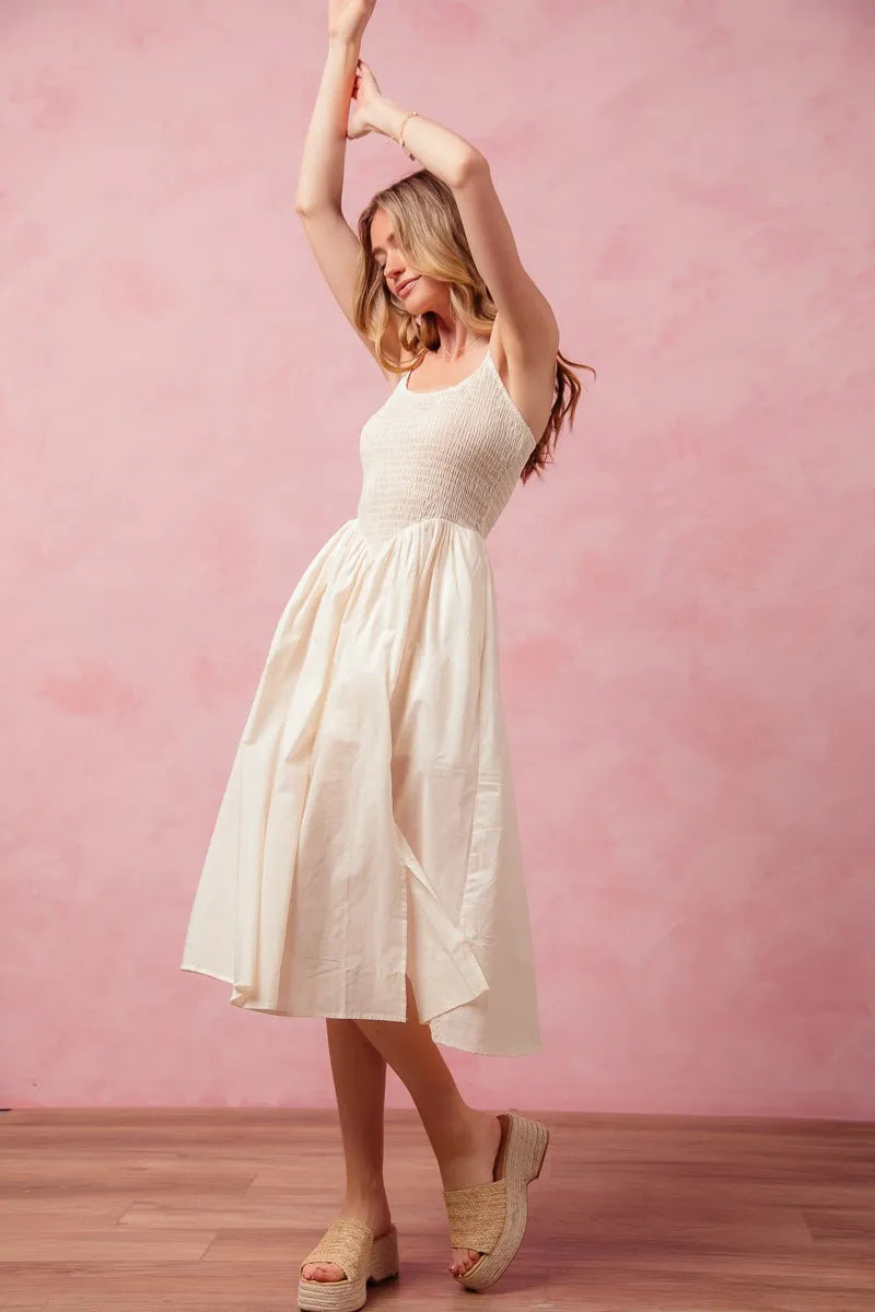Smocked Sleeveless Casual Everyday Dress With Slit