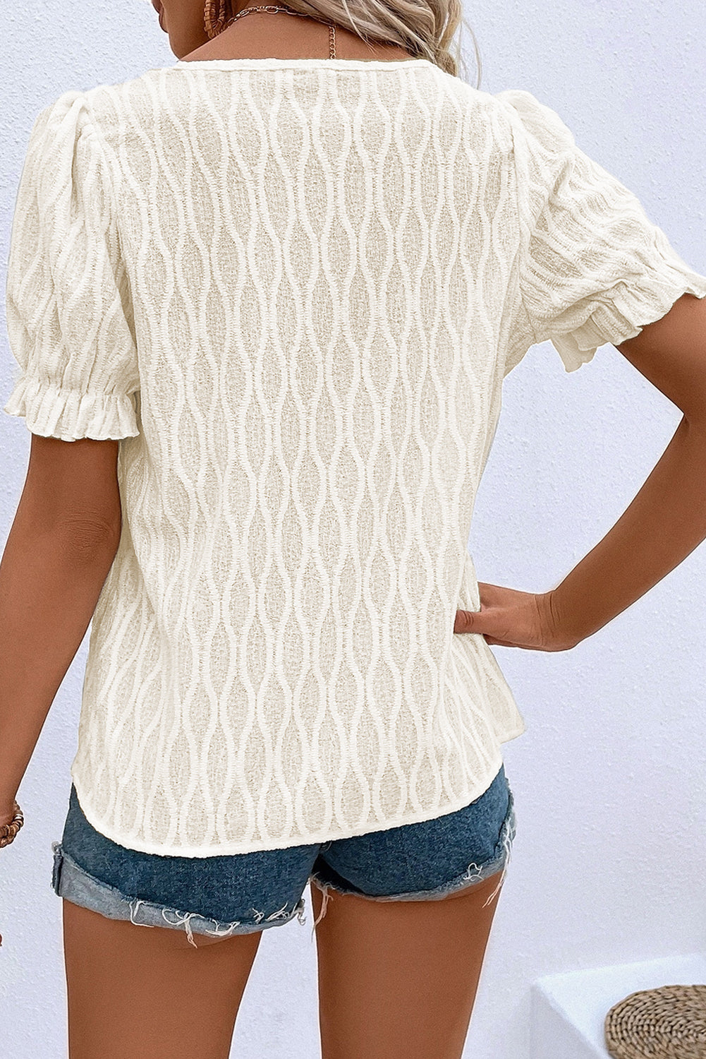 White Solid Color Textured Notched Neck Puff Sleeve Blouse