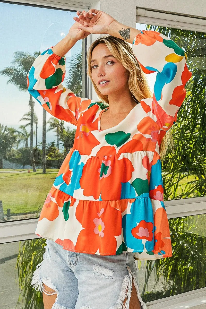 Floral Woven Tiered V Neck Top