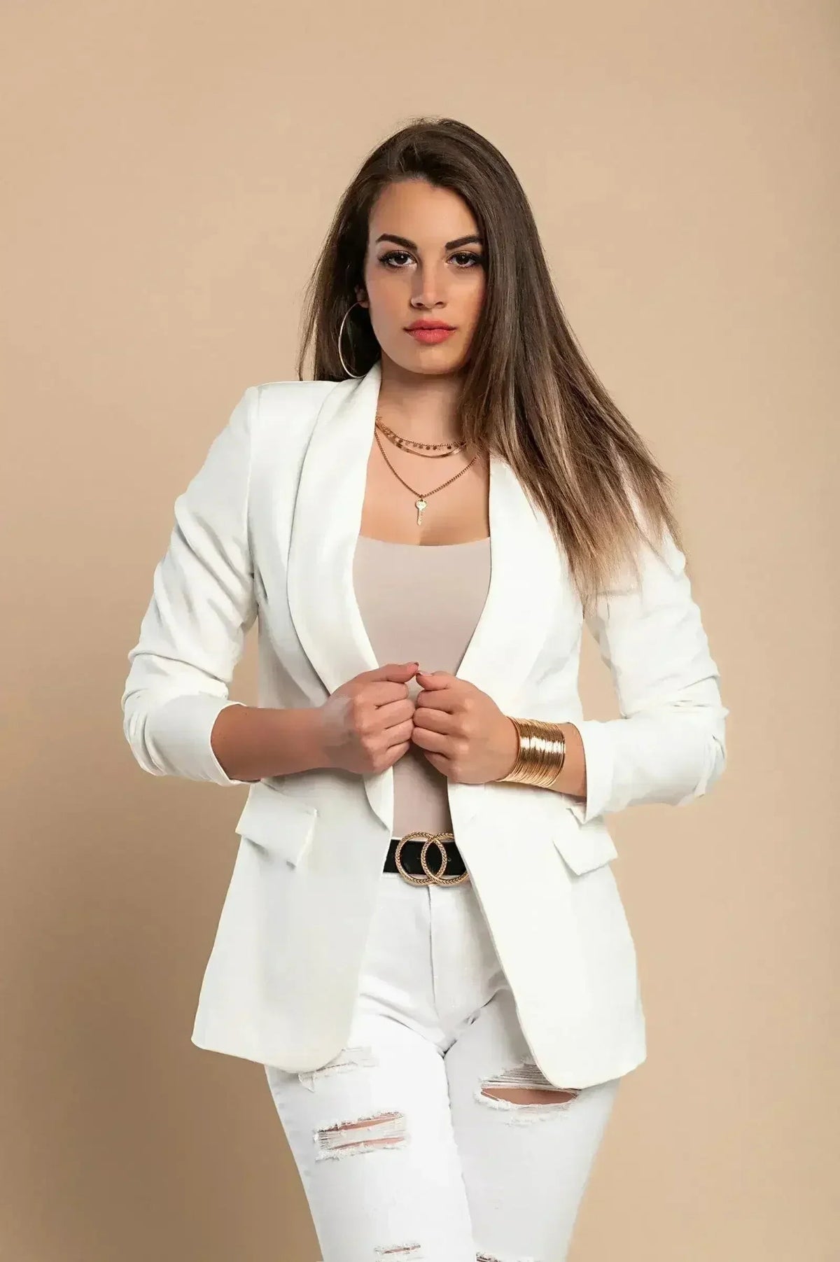 White Long Blazer with 3/4 Sleeves - Italian Made | Femstylo