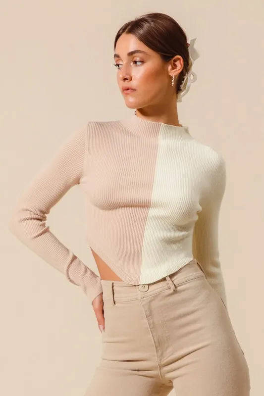 Color Block Fitted Crop Sweater Top