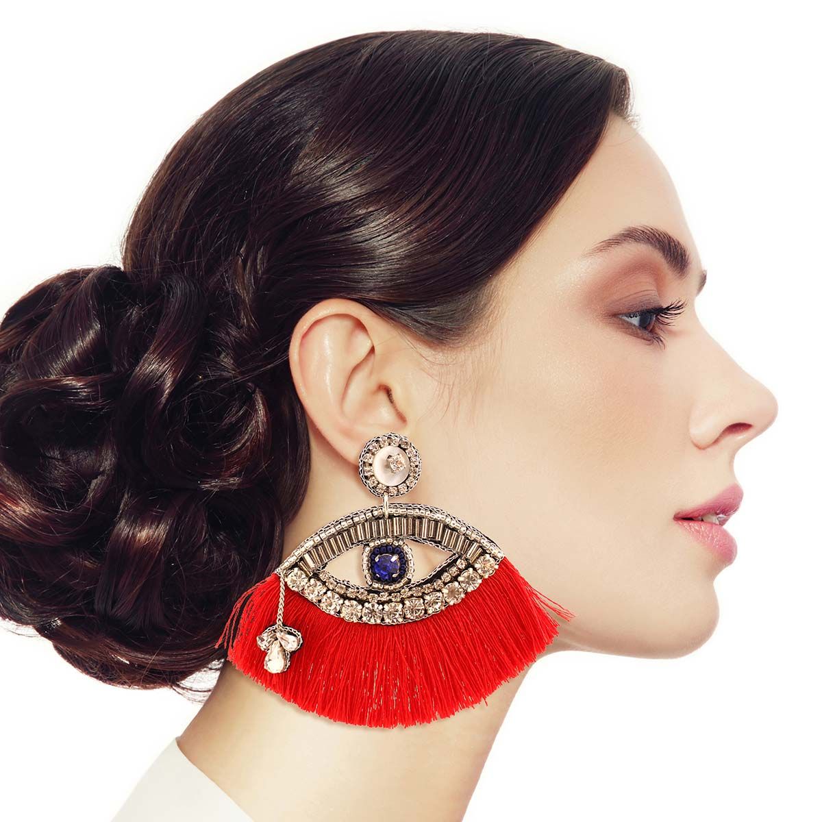Statement Red Tassel Rhinestone Eye Earrings Stylish Fashion Jewelry
