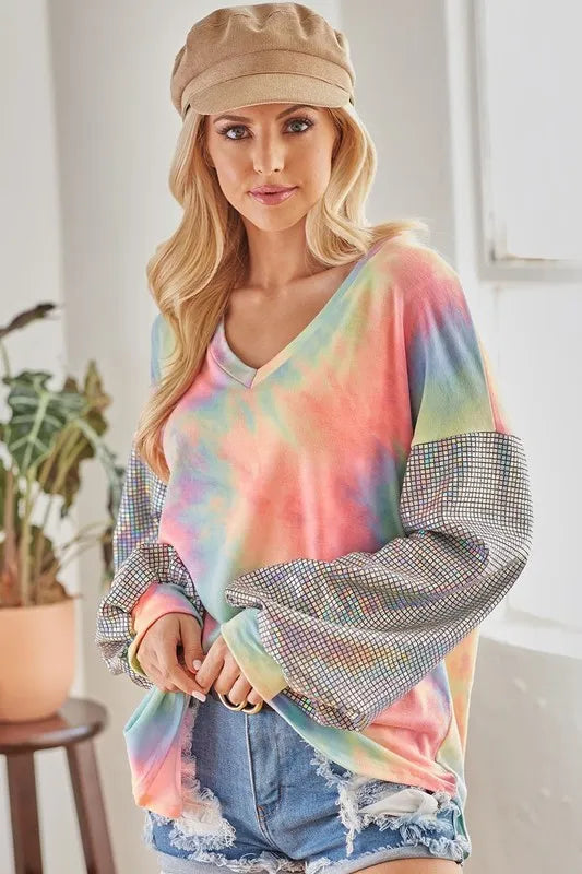 V Neck Tie Dye French Terry Top with Shiny