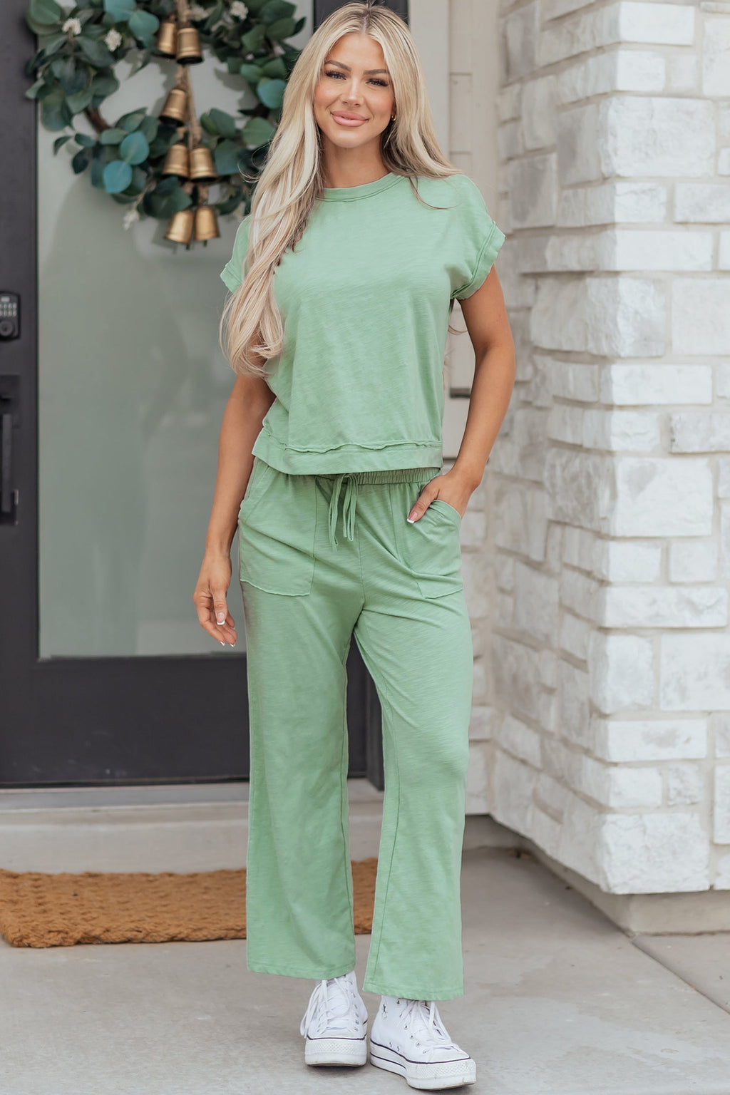 Canton Cuffed Short Sleeve Tee Raw Seam Patch Pocket Drawstring Pants Set