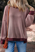 Red Stripe Ribbed Trim Drop Shoulder Long Sleeve Oversize Top