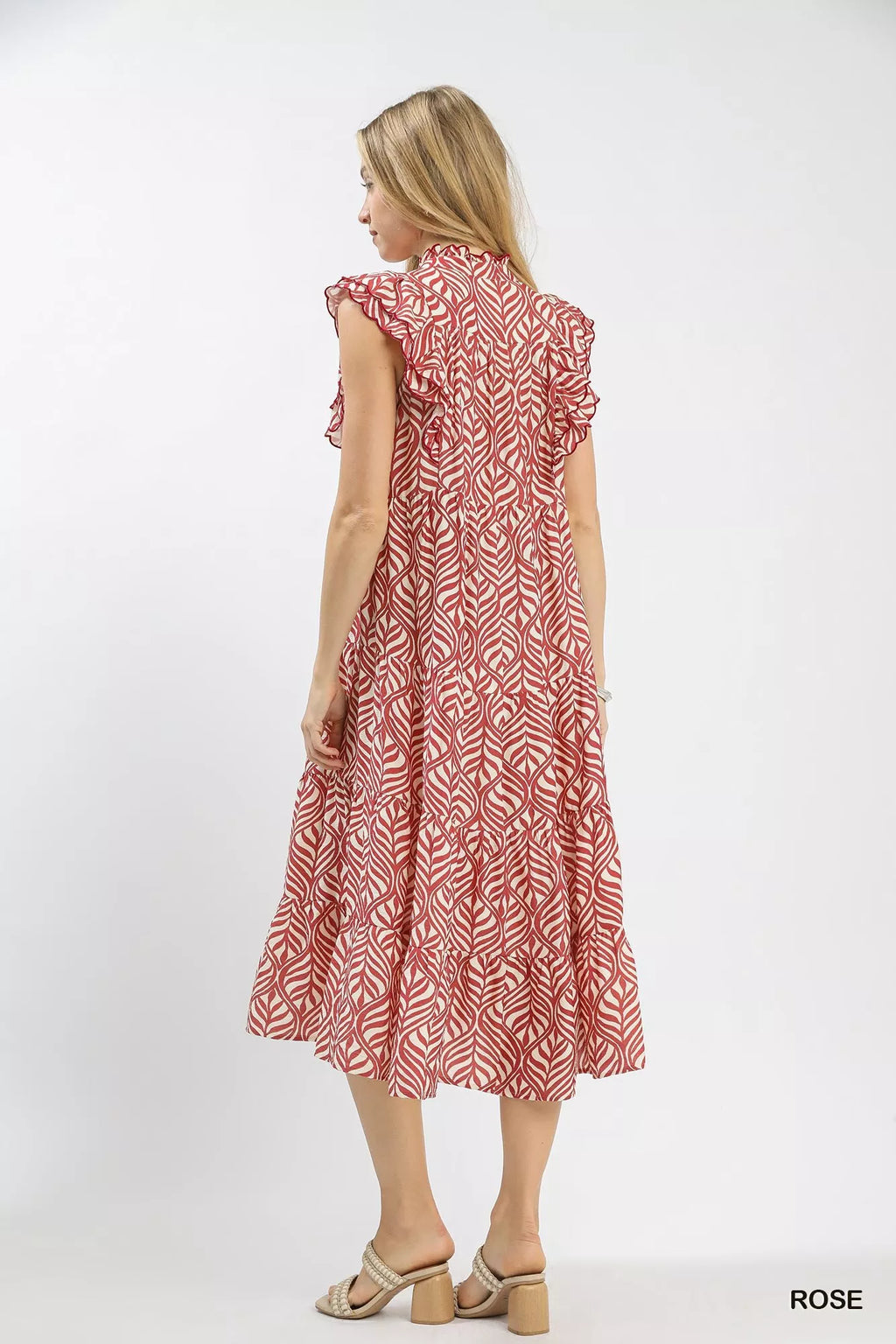 Leaf Print Tiered Midi Dress with Ruffle Detail