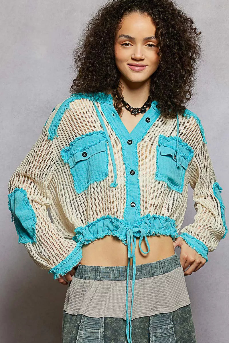 Texture Woven Button Down Hooded Shirt with Drawstring Hem