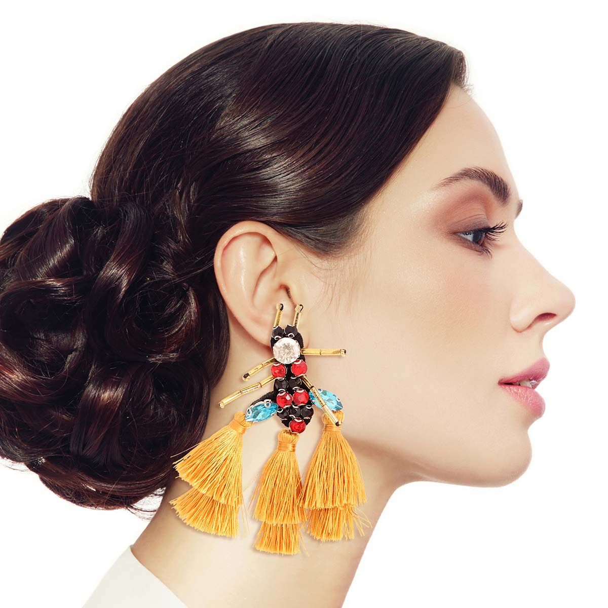Statement Rhinestone Tassel Earrings with Mustard Bee Design