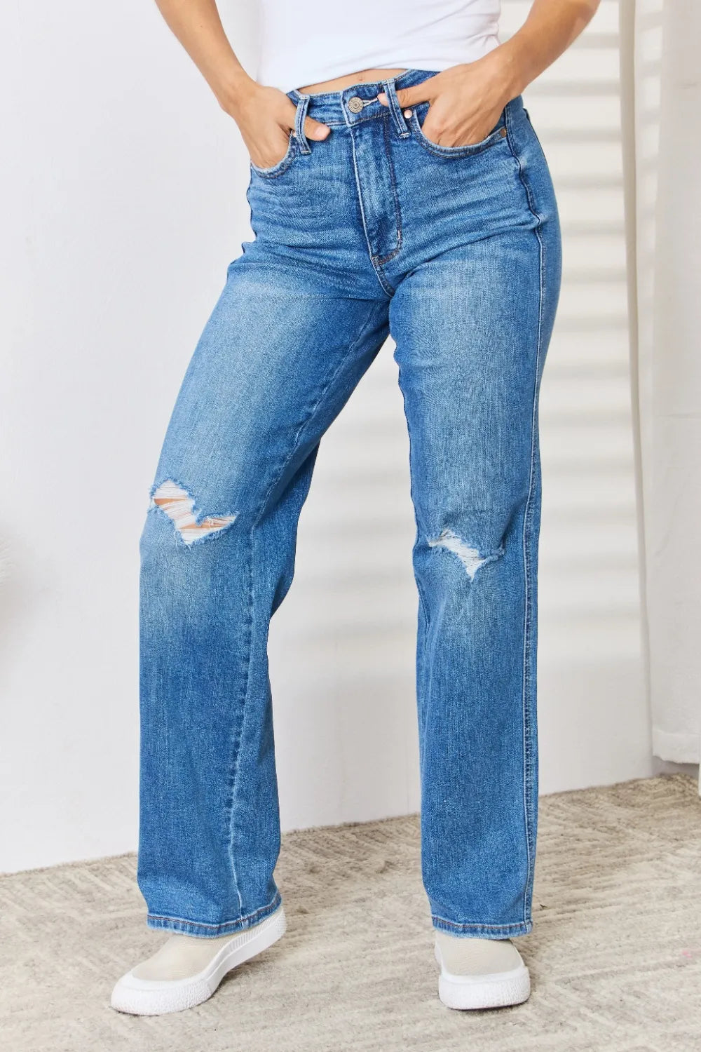 Full Size High Waist Distressed Straight-Leg Jeans