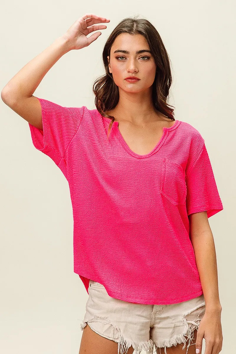 Waved Rib U Neck Top With Front Pocket