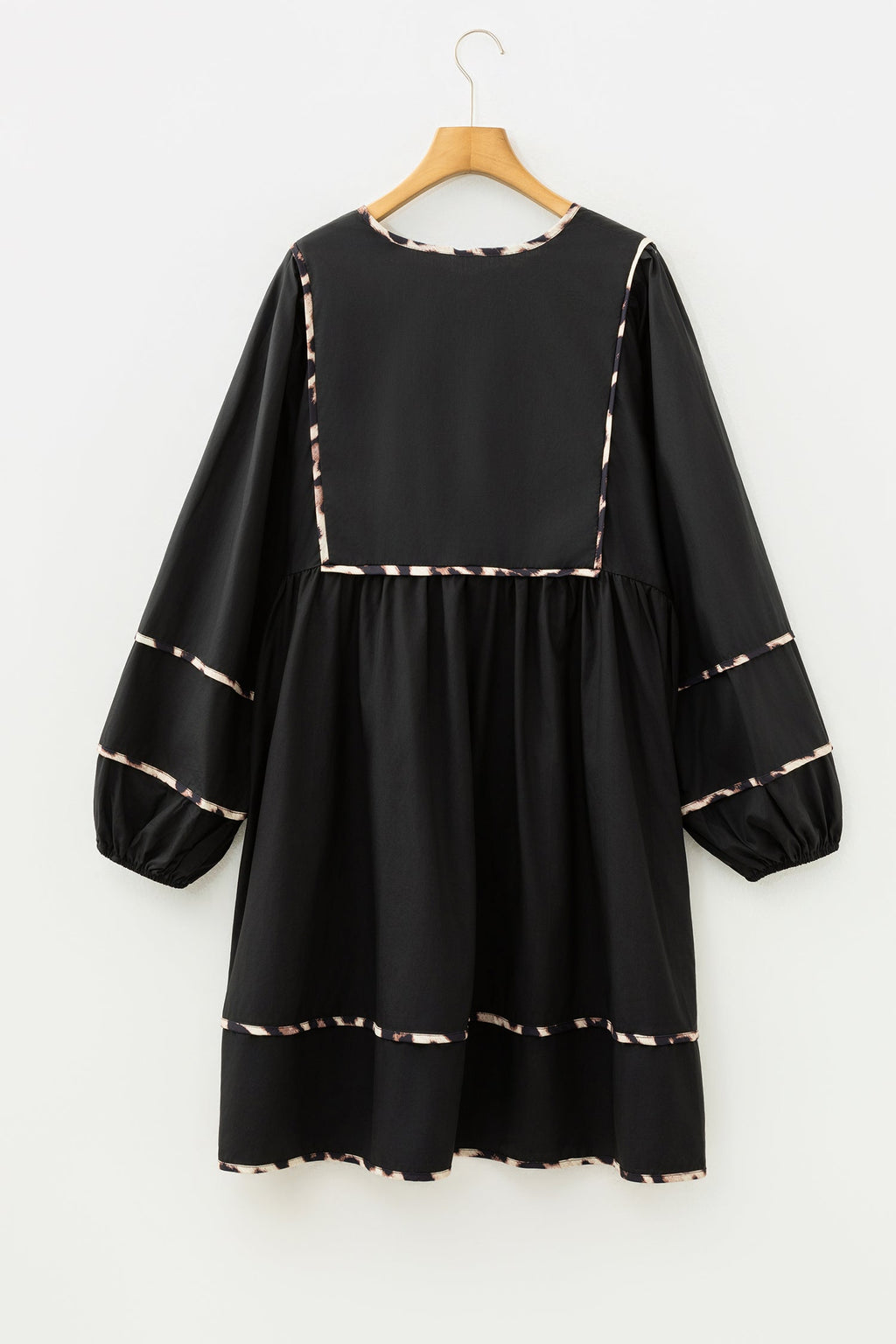 Black Plus Size Long Sleeve Leopard Contrasted Trim Tie Neck Flared Mini Dress