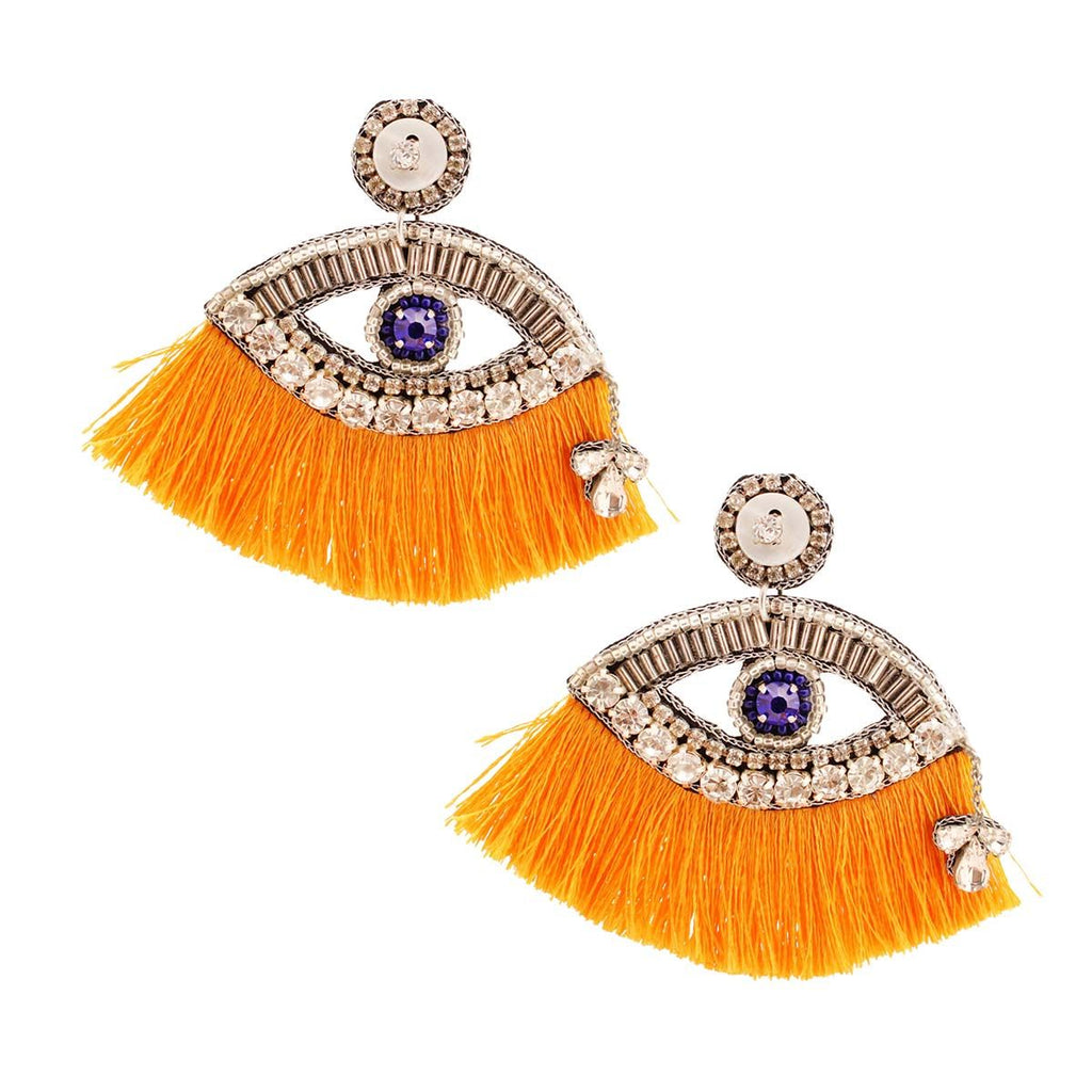 Statement Yellow Tassel Rhinestone Eye Earrings Stylish Fashion Jewelry