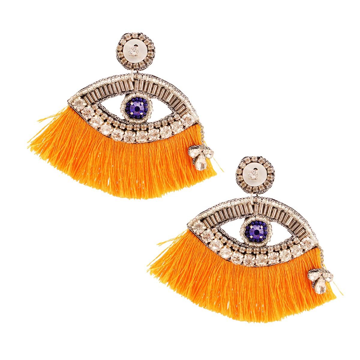 Statement Yellow Tassel Rhinestone Eye Earrings Stylish Fashion Jewelry