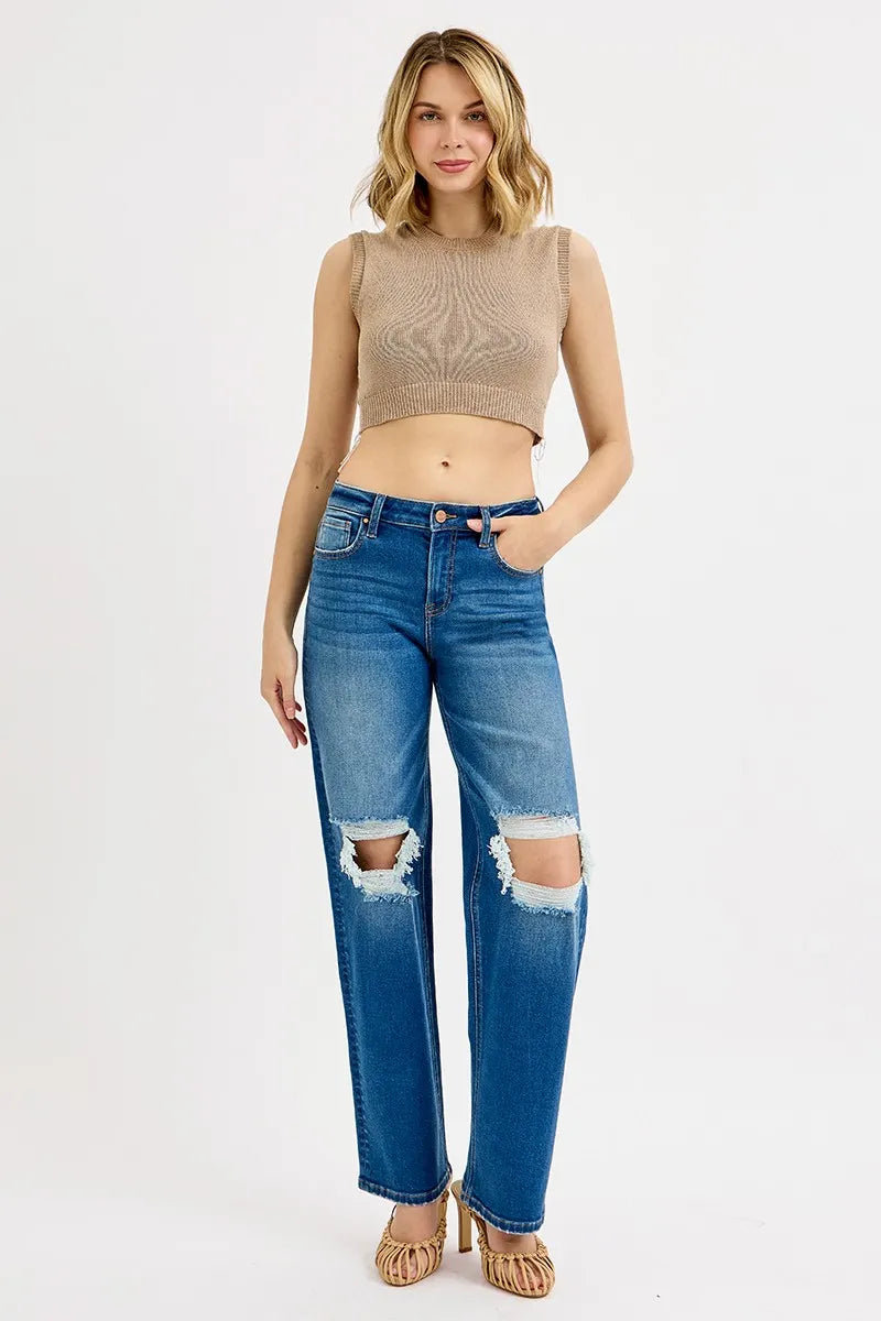 Full Size Mid Waist Fit Boyfriend Knee Distressed Jeans Plus Size