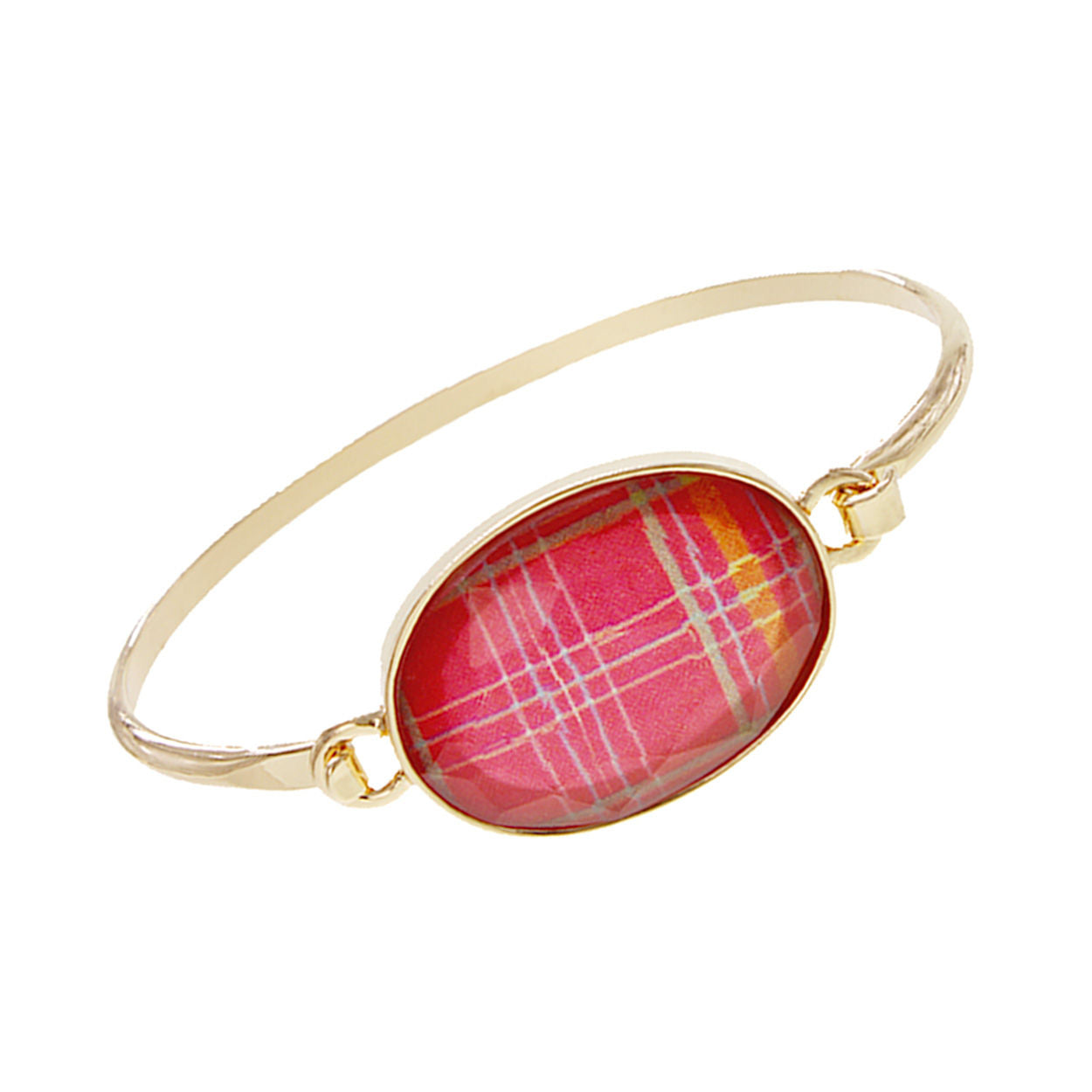 Gold Bangle Bracelet with Red Oval Plaid Pattern – Stylish Statement Jewelry