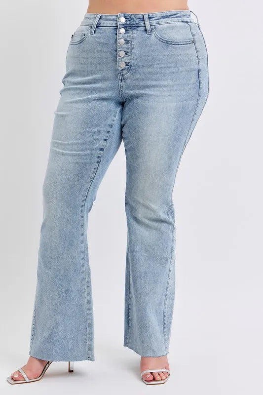 Full Size Mid Rise Rhinestone Side Panel Detail Flare Jeans Plus Size