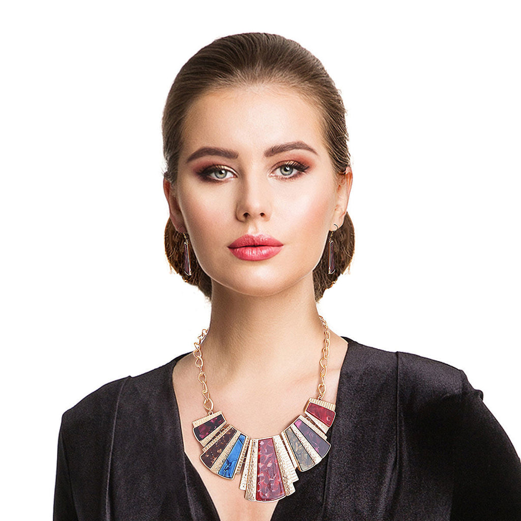 Statement Necklace Multi Color Marbled Squared Collar Stylish Chic Accessory