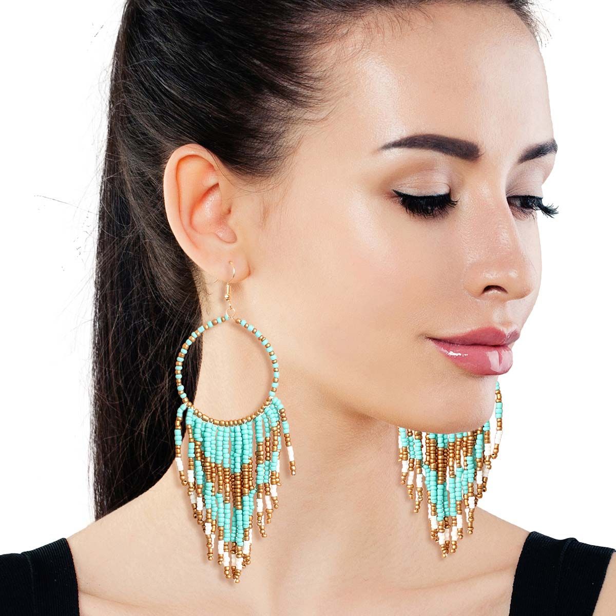 Statement Circle Earrings with Turquoise and Gold Bead Fringe, Trendy Chic Jewelry