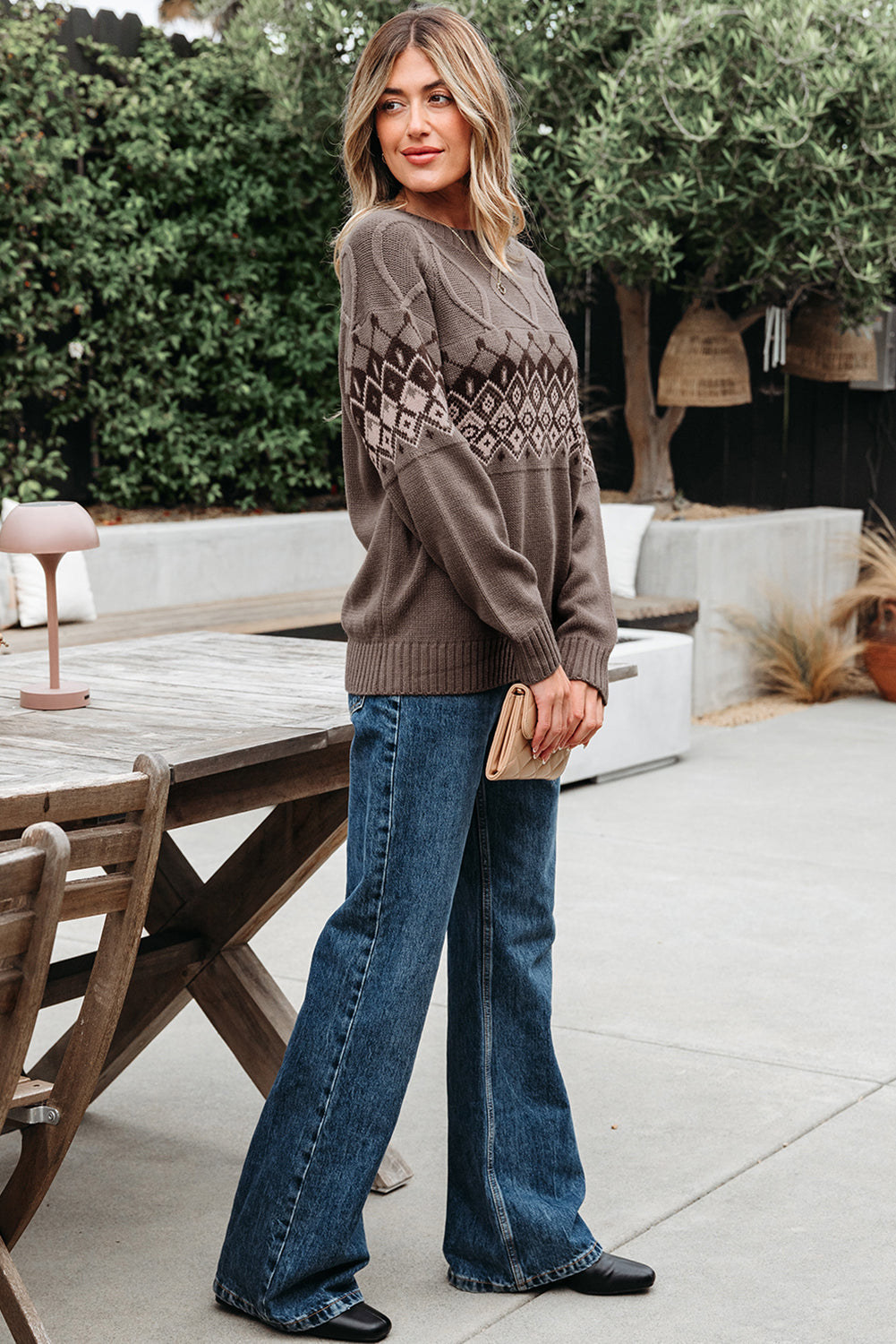 Light French Beige Western Geometric Patterned Crew Neck Knitted Sweater