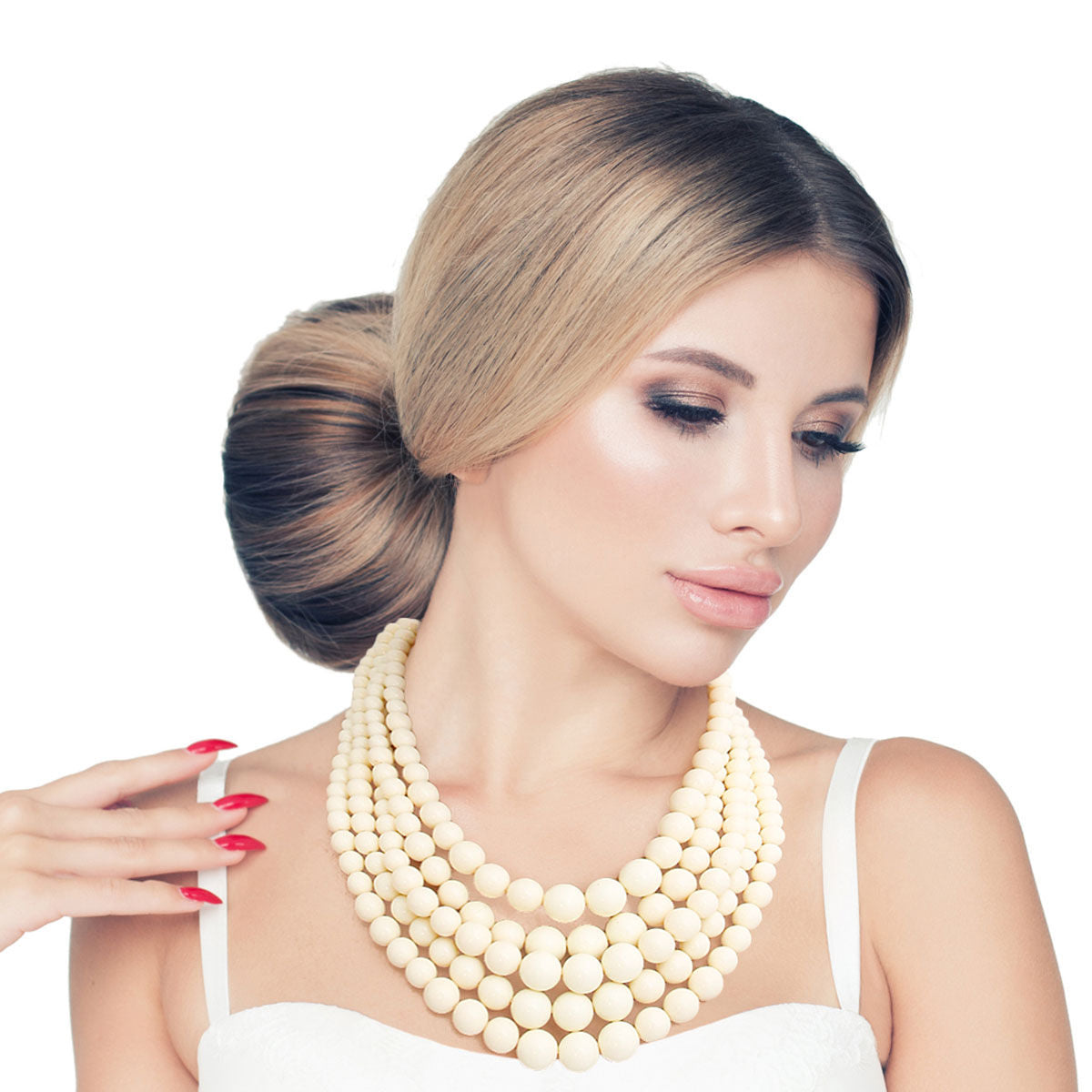 Statement Layered Ivory Bead 5 Strand Necklace