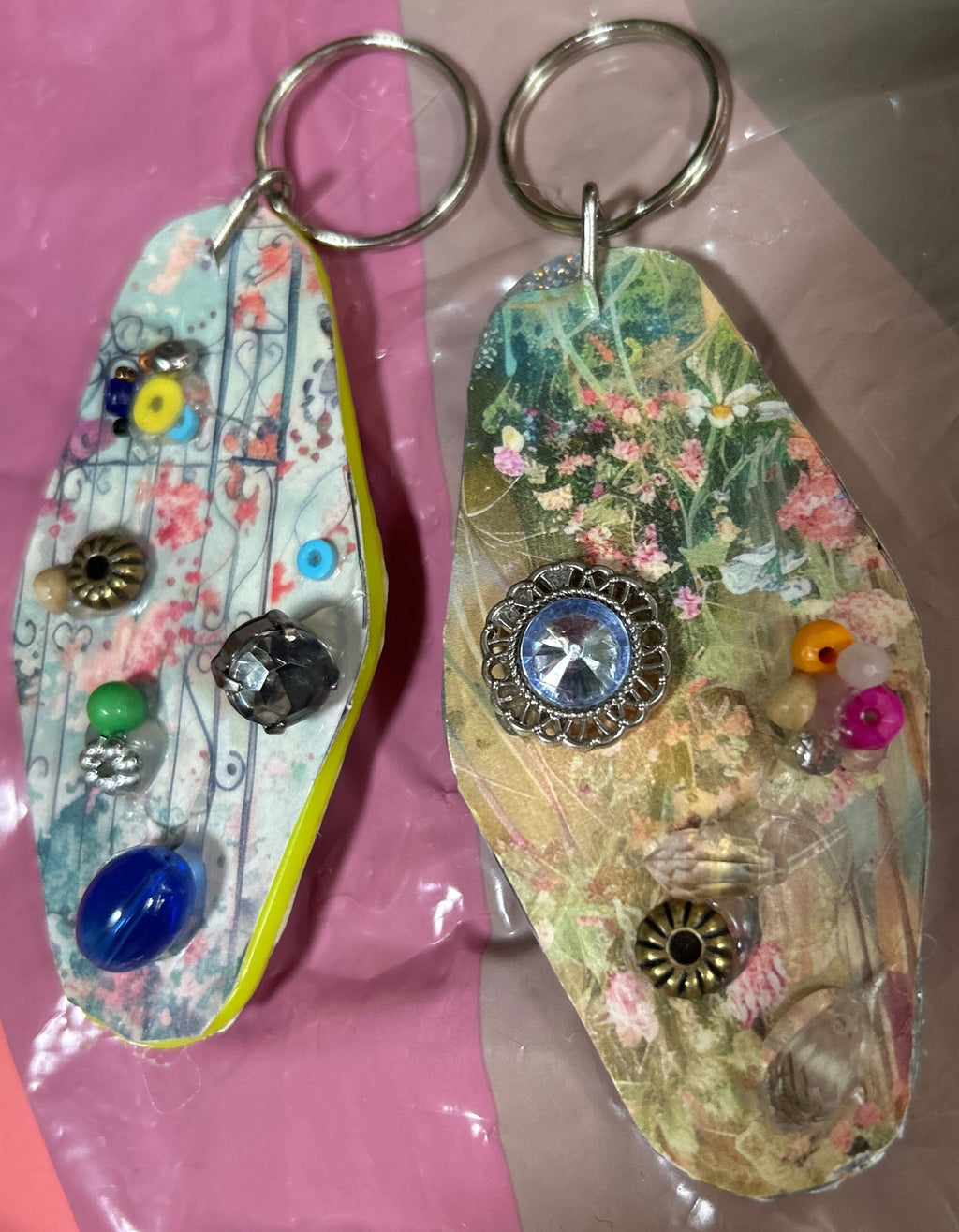 A Pair of Retro Motel Key-Rings with Beads & Decoupage