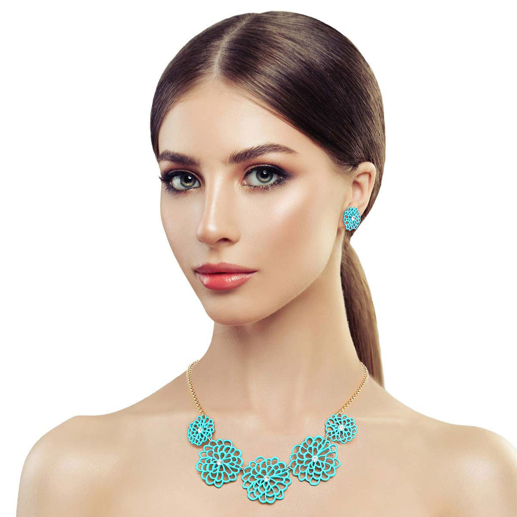 Statement Necklace Turquoise Matte Metal Cut Out Flower Stylish Chic Jewelry