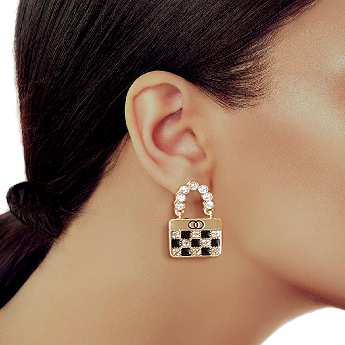 Statement Rhinestone Handle Checker Handbag Earrings Stylish Fashion Jewelry