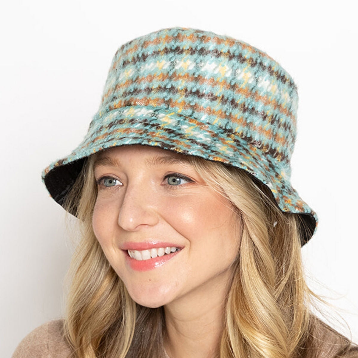 Bucket Hat Green Plaid Woolen Stylish Casual Fashion Accessory