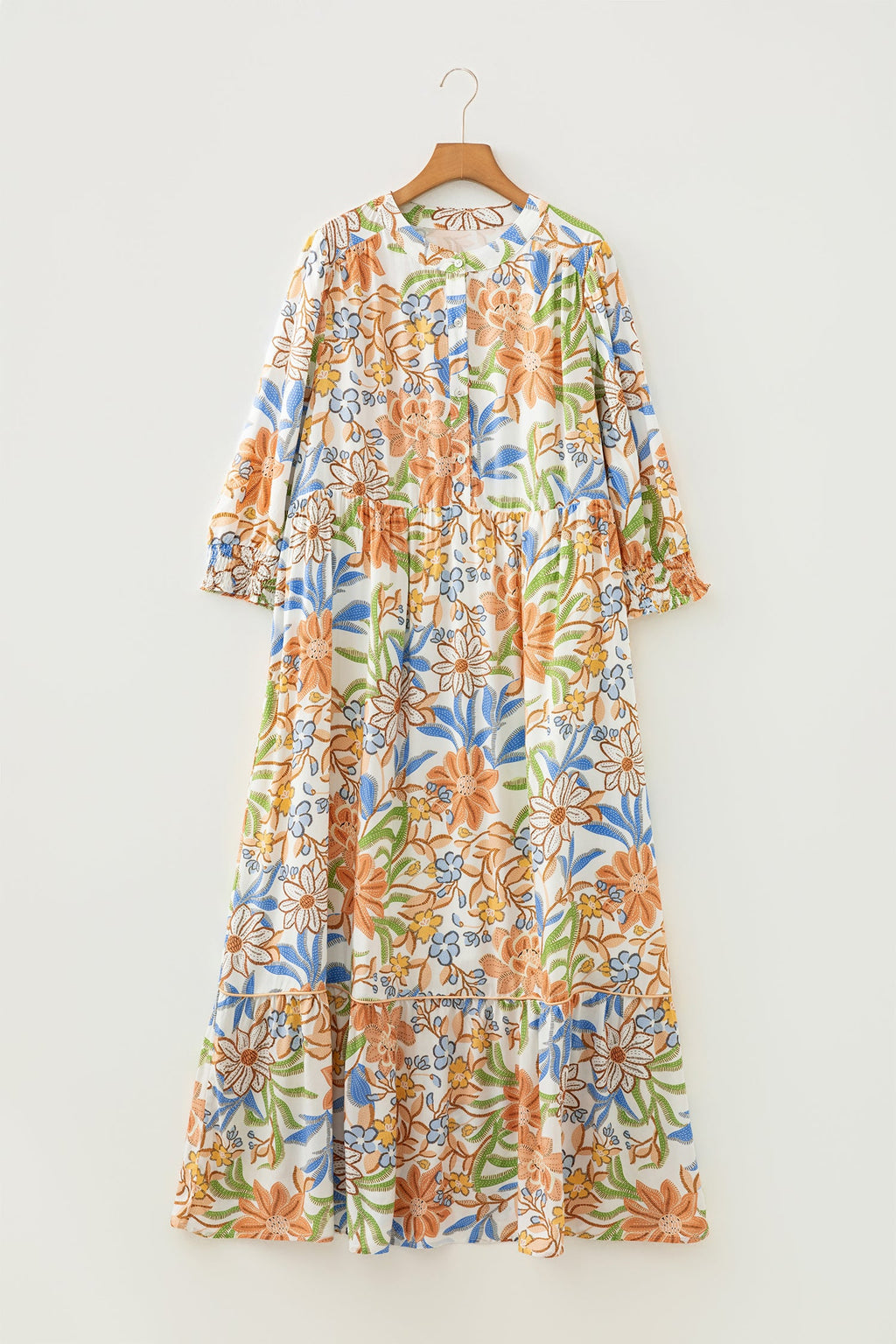 Khaki Floral Print 3/4 Sleeves Tiered Plus Size Long Dress