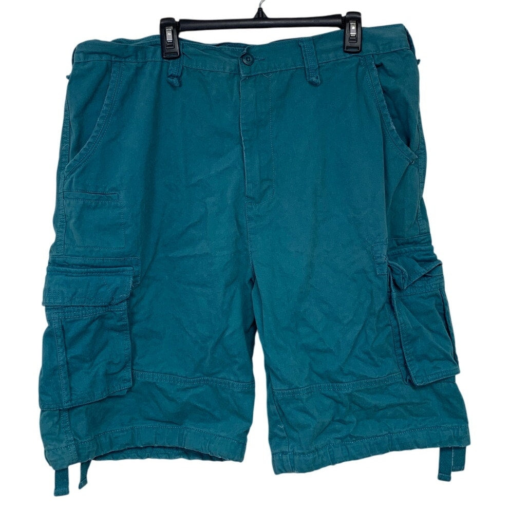 EightyNine Mens Size 40 Teal 100% Cotton Drawstring Leg Rough Edge Cargo Shorts