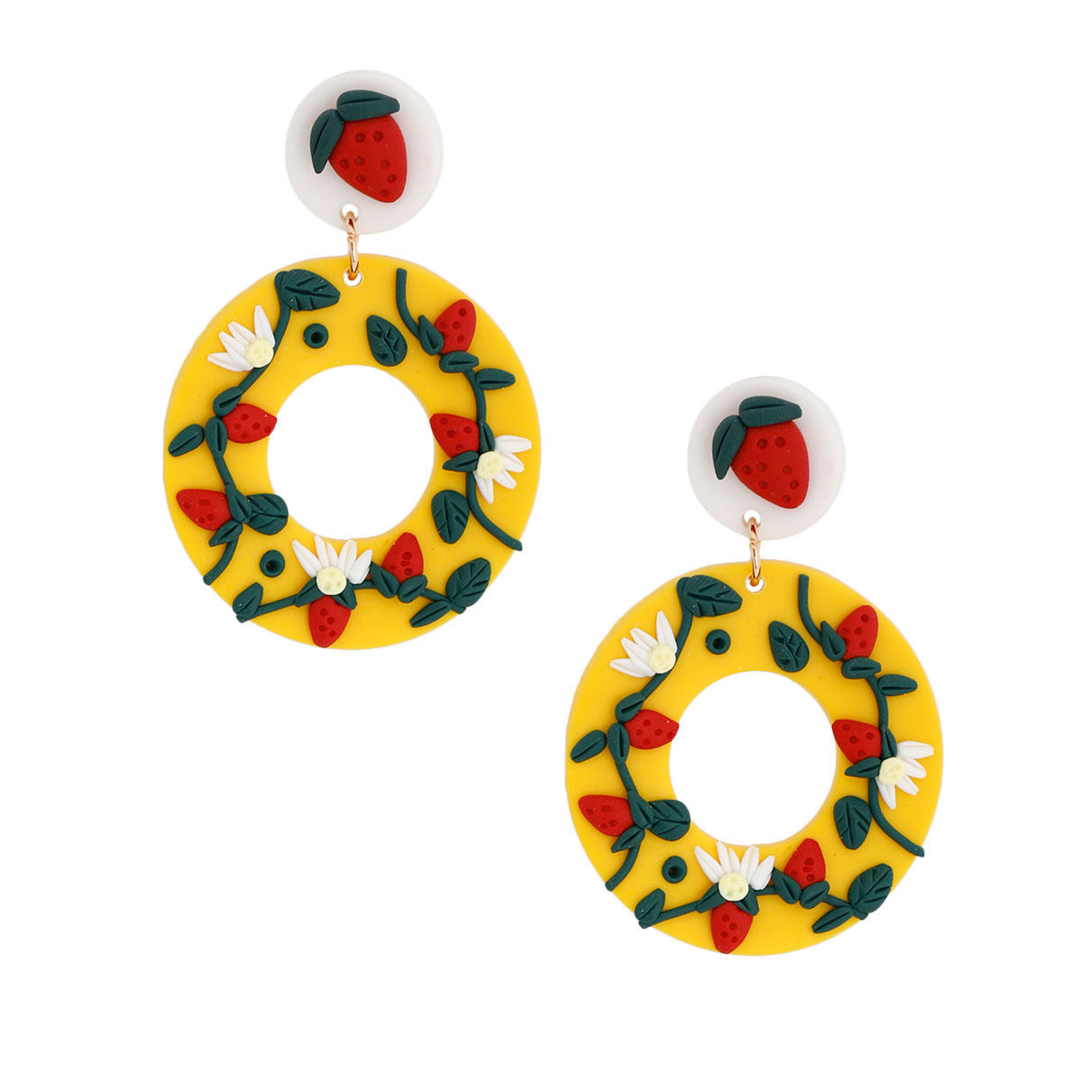 Strawberry Donut Statement Earrings in Yellow Clay – Trendy Fashion Jewelry