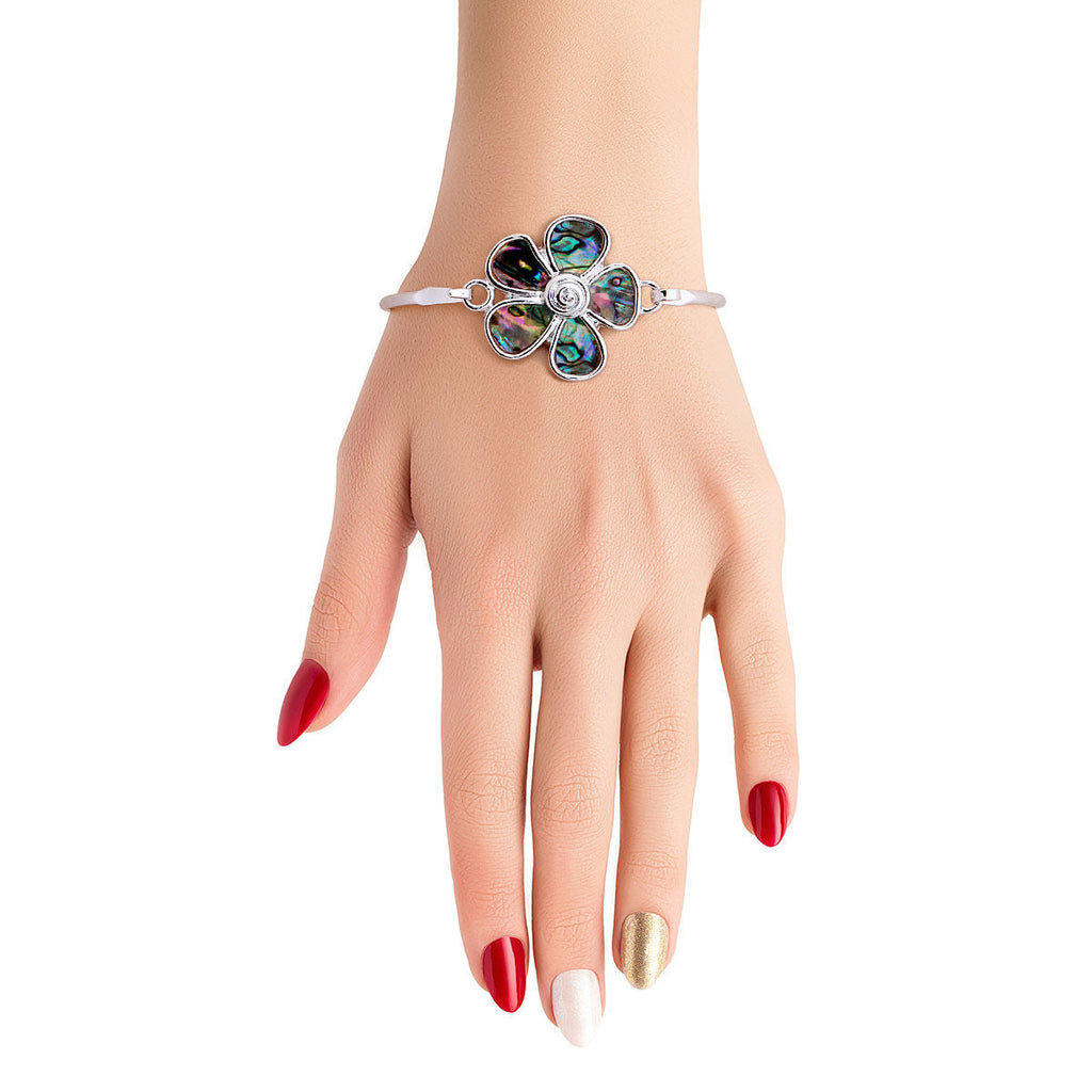 Silver Bangle with Abalone Flower Accent – Stylish Statement Jewelry