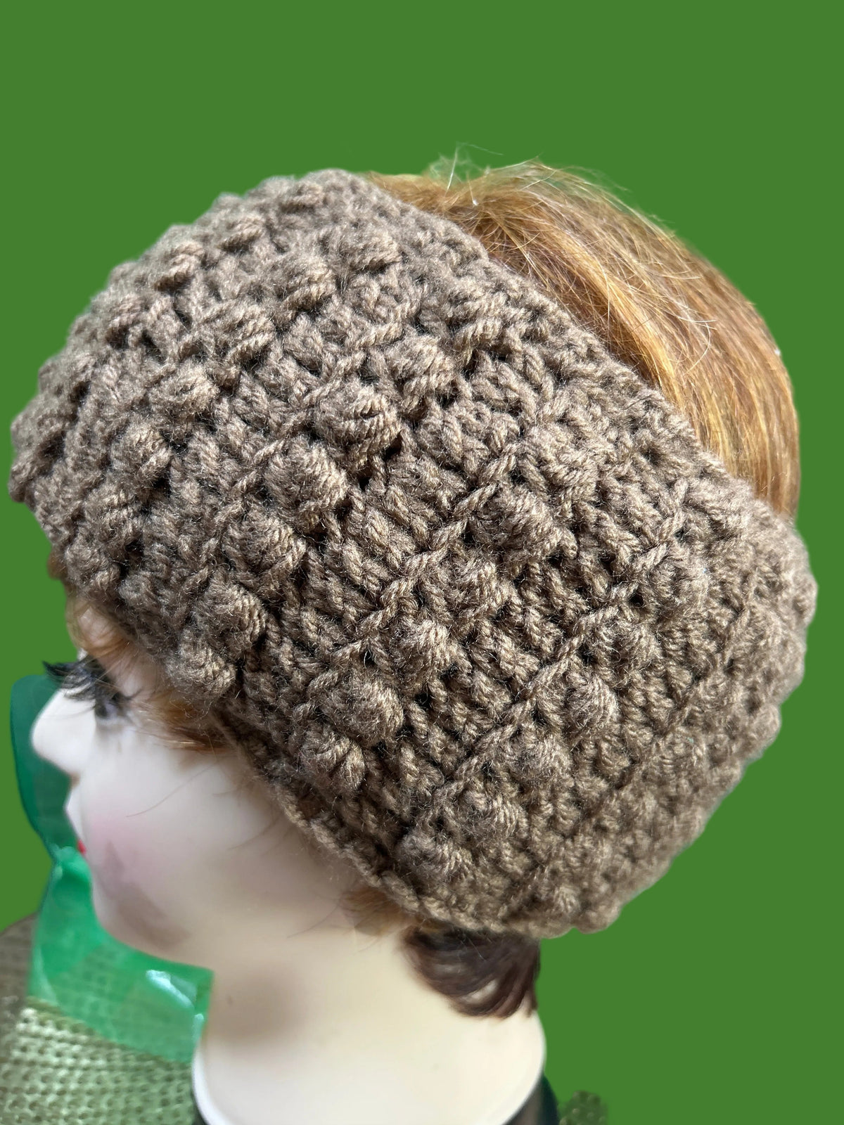 Brown handmade crocheted headband.