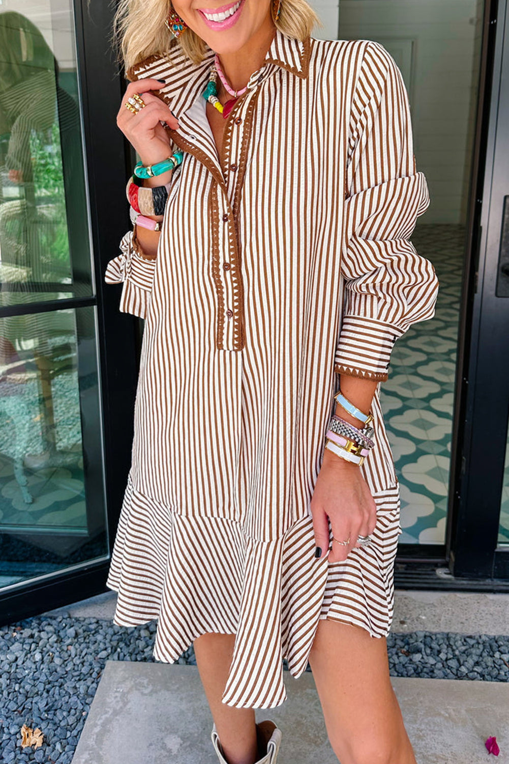 Khaki Stripe Shirt Collar Embroidered Trim Ruffle Hem Long Sleeve Mini Dress