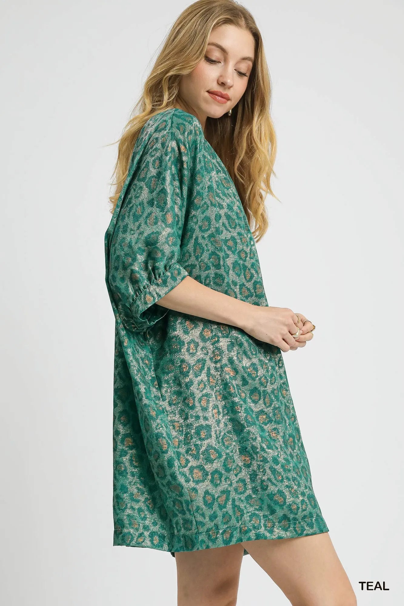 Metallic Leopard Print V-Neck Kimono Dress