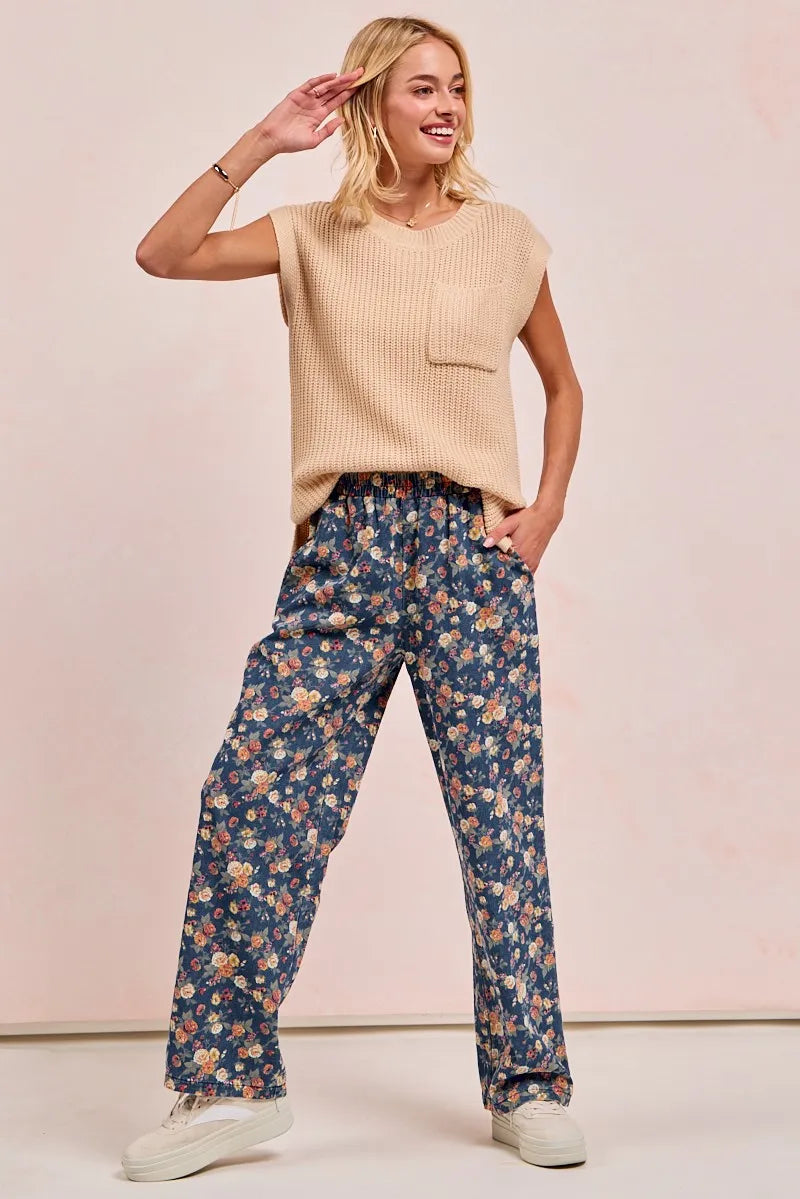 Washed Floral Print Wide Leg Jeans